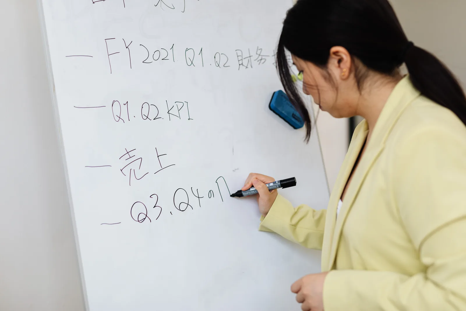 Woman in business attire writing financial notes on whiteboard in office.