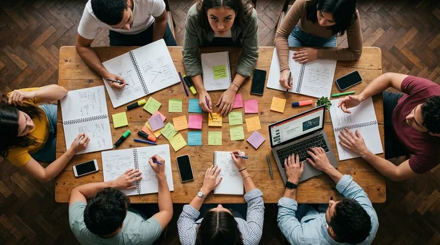 eam, workshop, office, collaboration, sticky notes, planning, strategy, brainstorming, table, overhead, people, working, laptop, notebooks, creativity, business, meeting, together, analysis, group, ai generated. Seven subscription commerce team roles and what each one owns