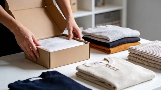 packaging, clothing, folding, box, hands, at home, e-commerce, shipping service, ready to ship, fashion, personal touch, home office, casual wear, office style, premium materials, customer care, tidying up, inventory, clothing delivery. VAT on subscription boxes: mixed boxes, zero-rated food, the £135 import rule and the flat rate scheme