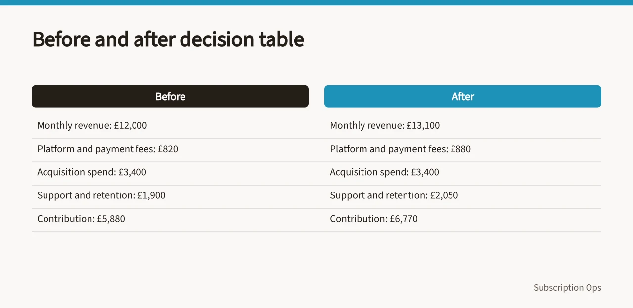 Before and after budget table showing revenue, costs and contribution (Why a subscription commerce budget template keeps your numbers honest)